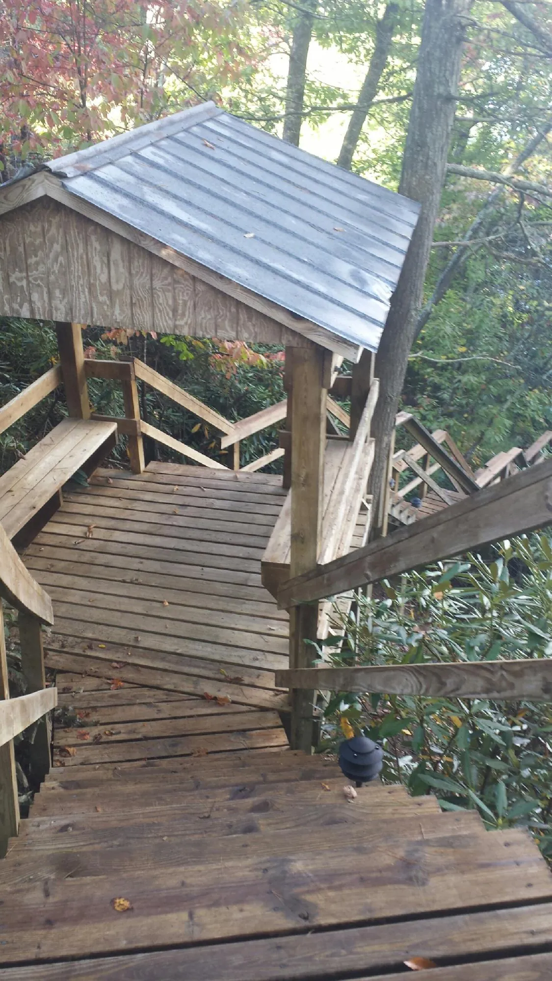 Metal roofed shelter over wooden steps on a wooded walkway — Skylight Repair & Installation work by our crew in Cloverdale
